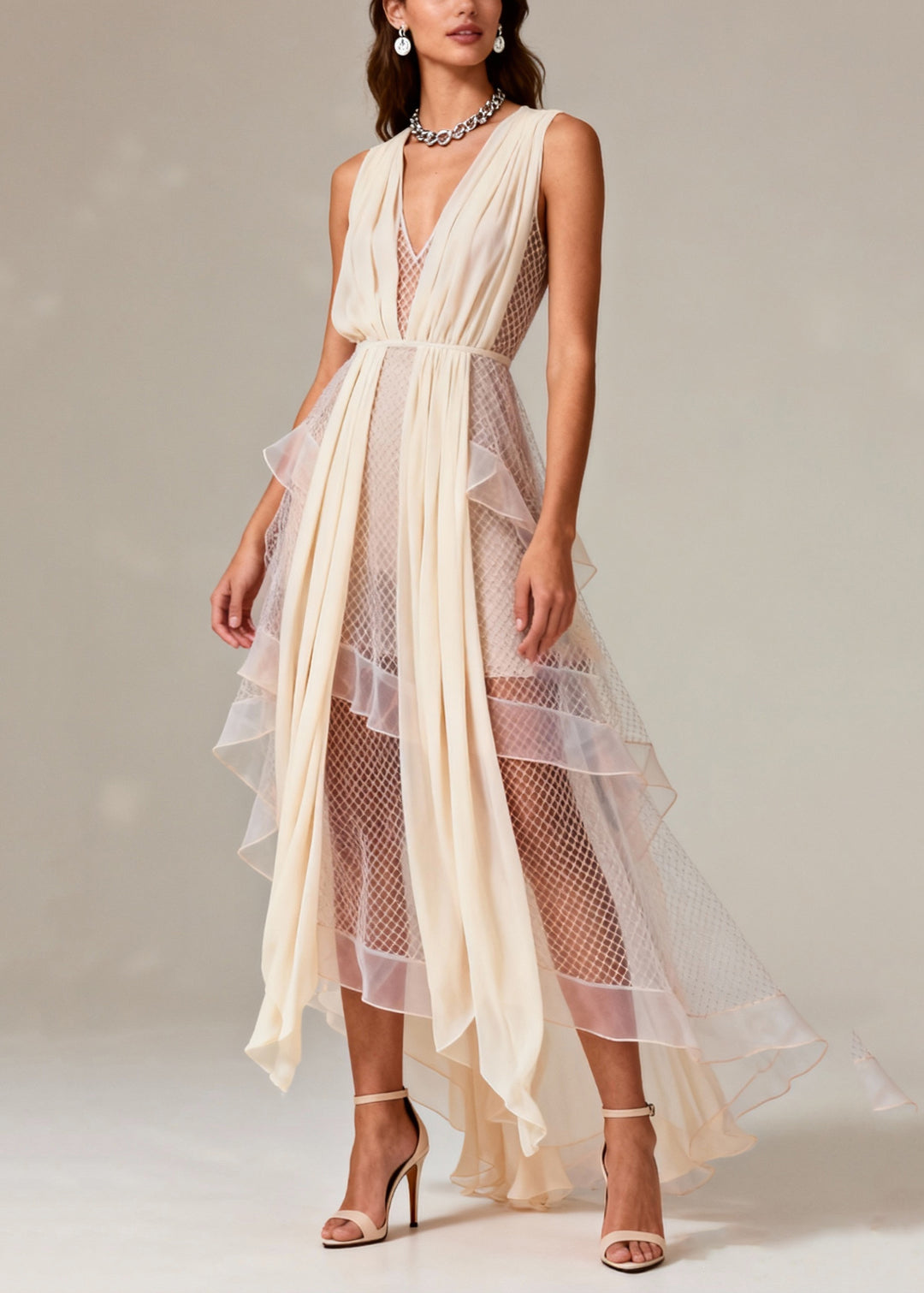 Fashion Beige V Neck Patchwork Mesh Long Dress Summer