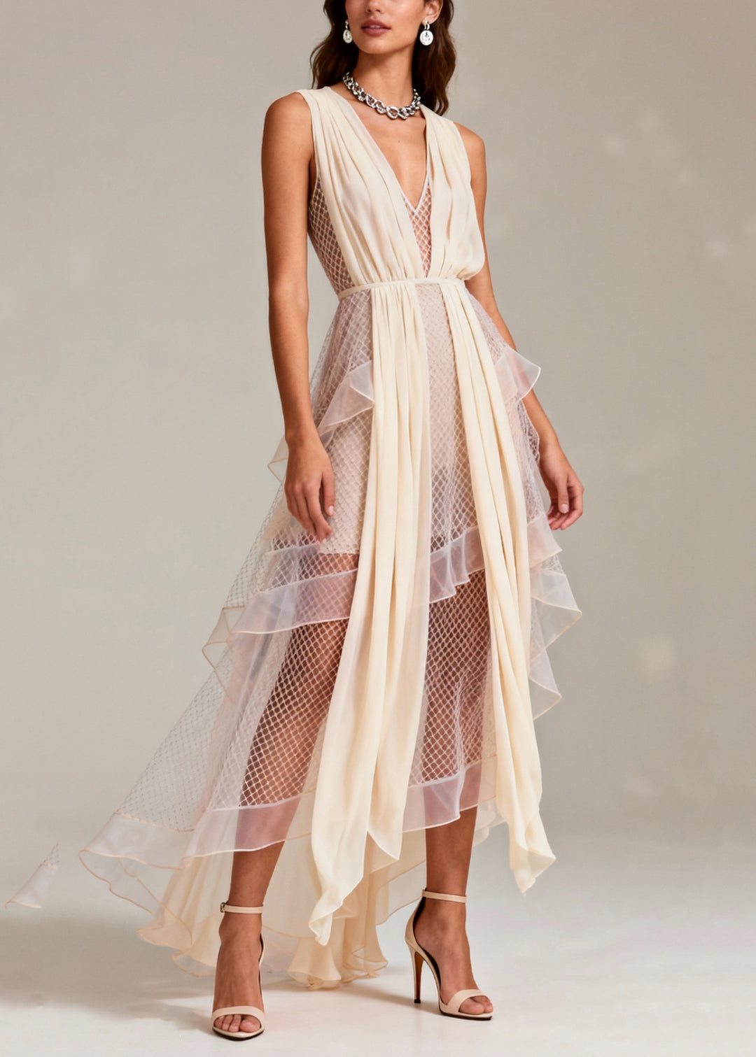 Fashion Beige V Neck Patchwork Mesh Long Dress Summer