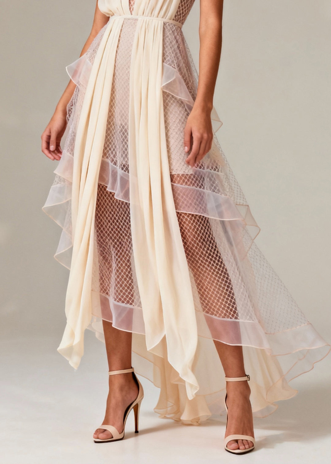 Fashion Beige V Neck Patchwork Mesh Long Dress Summer