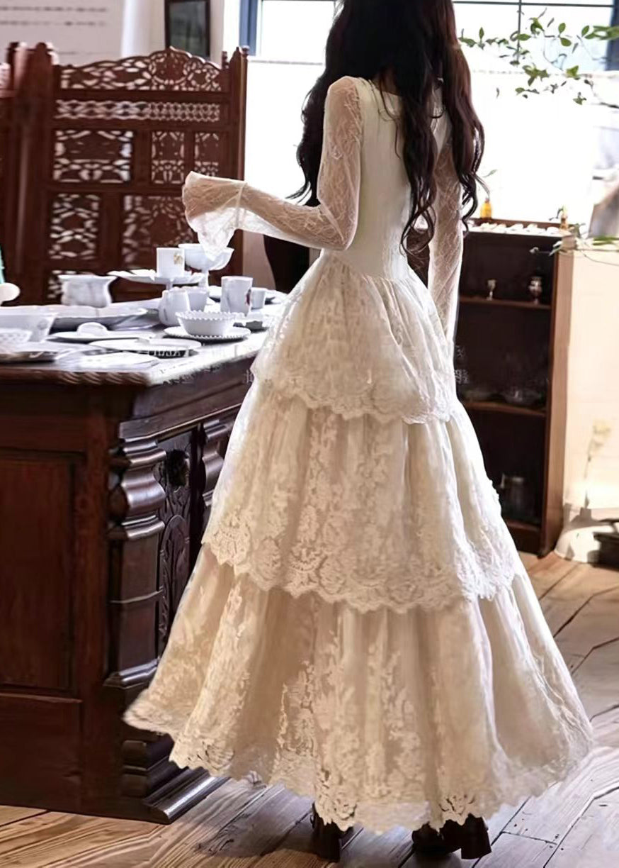 Fashion Beige White V Neck Ruffled Layered Lace Dresses Long Sleeve