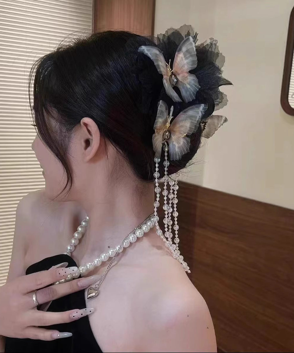 Fashion Black Acrylic Crystal Butterfly Tassel Hairpin