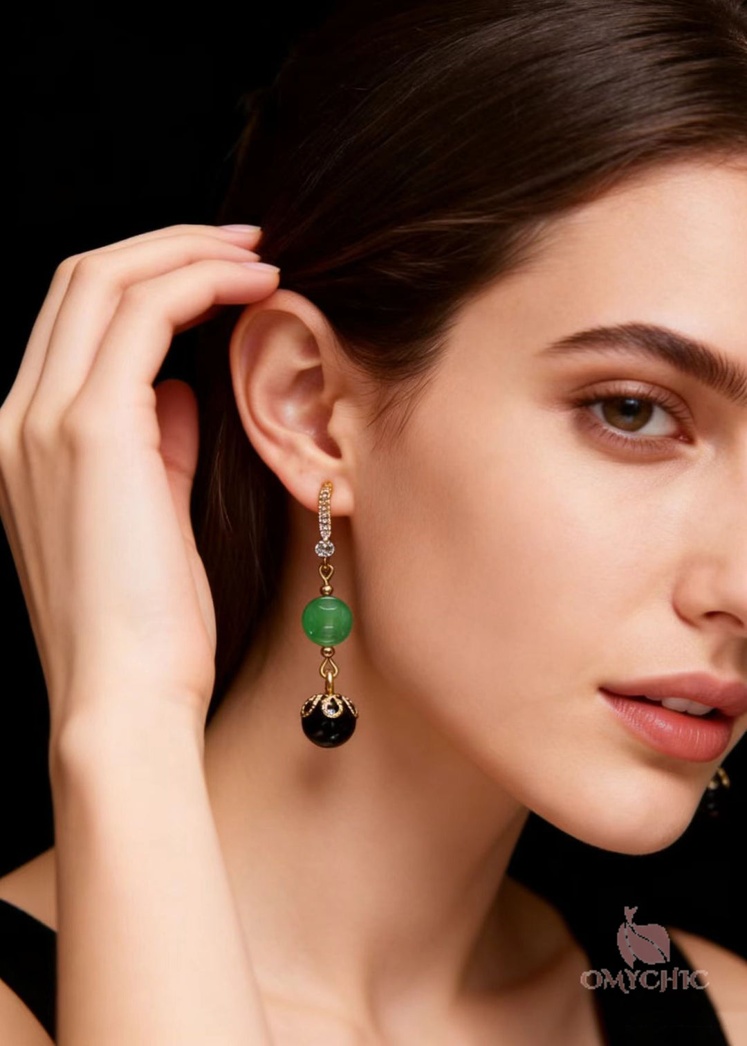 Fashion Black Agate Tassels Jade Drop Earrings