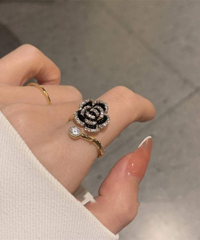 Fashion Black Alloy Zircon Camellia Rings
