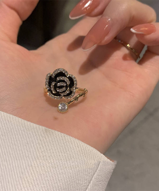 Fashion Black Alloy Zircon Camellia Rings