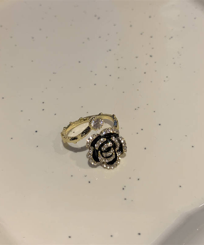 Fashion Black Alloy Zircon Camellia Rings