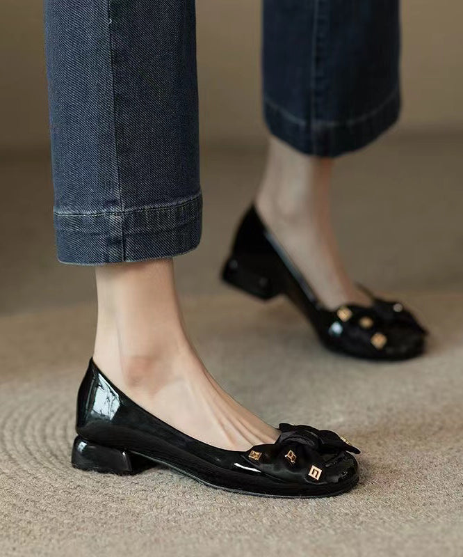 Fashion Black Bow Splicing Chunky Penny Loafers - Omychic