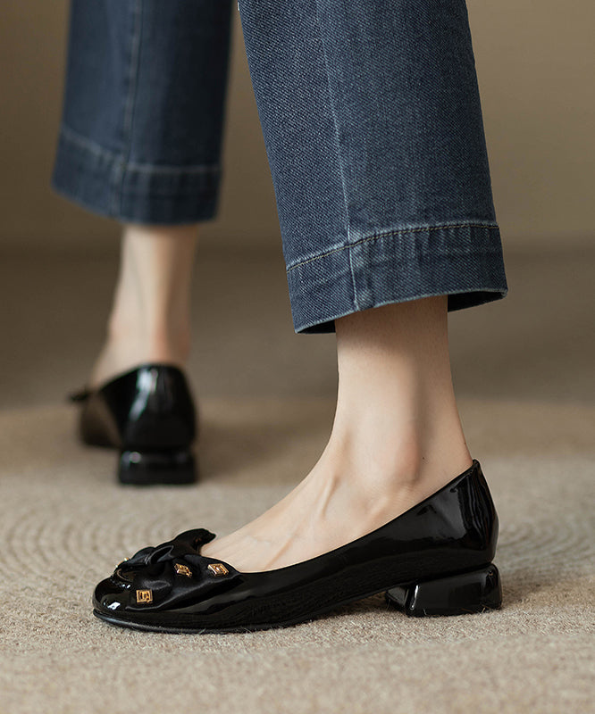 Fashion Black Bow Splicing Chunky Penny Loafers - Omychic