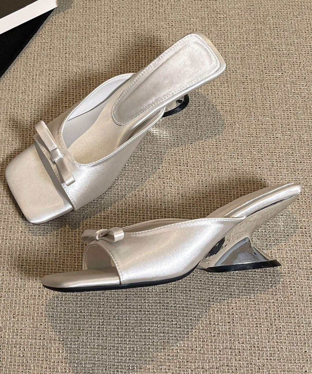 Fashion Black Bow Splicing Satin Wedge Slide Sandals