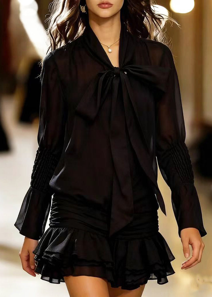 Fashion Black Bow Wrinkled Chiffon Shirt Dress Spring