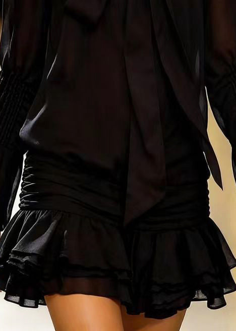 Fashion Black Bow Wrinkled Chiffon Shirt Dress Spring