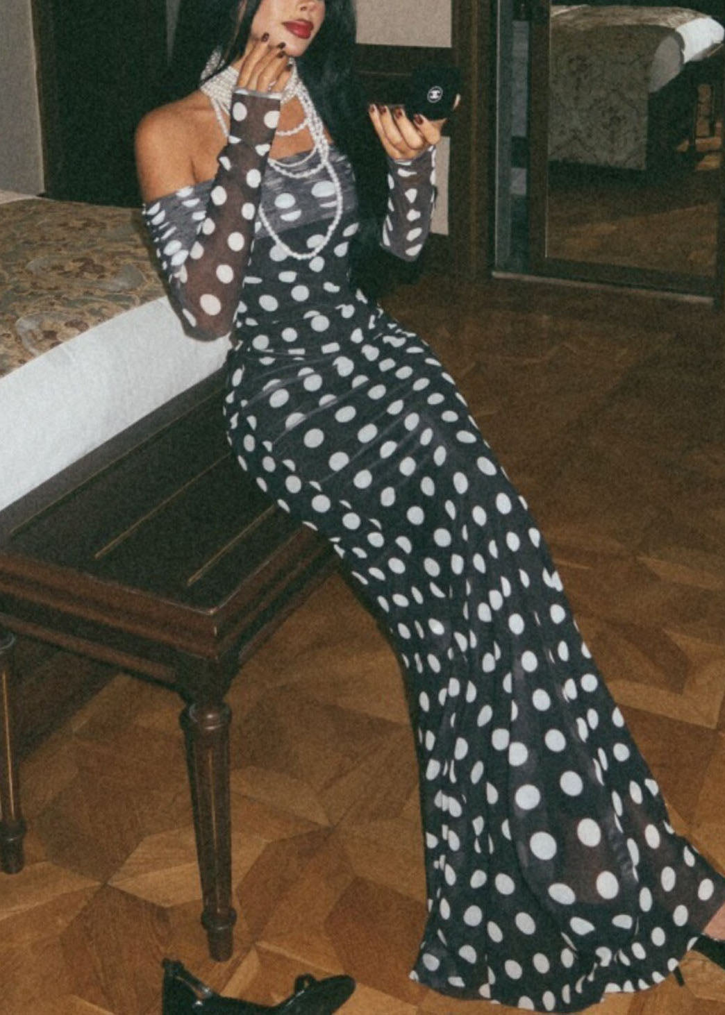 Fashion Black Cold Shoulder Dot Print Slim Tulle Dresses Spring