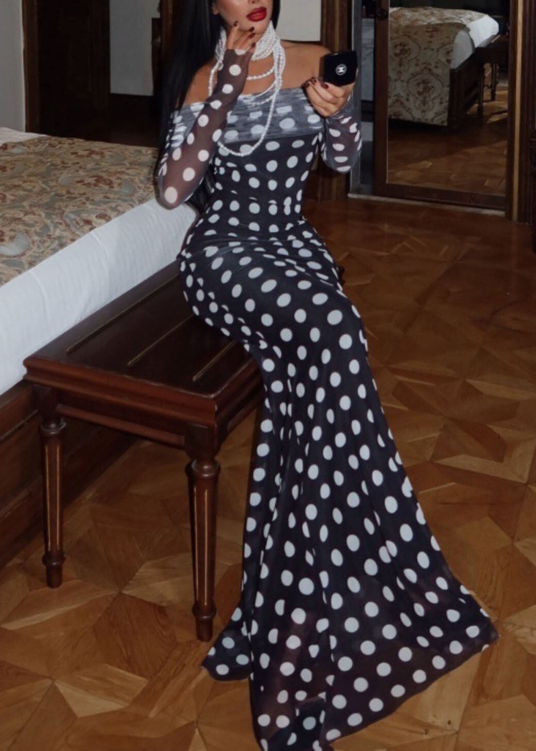 Fashion Black Cold Shoulder Dot Print Slim Tulle Dresses Spring
