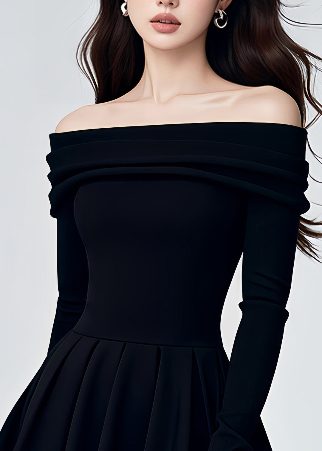 Fashion Black Cold Shoulder Knit A Line Mid Dresses Fall