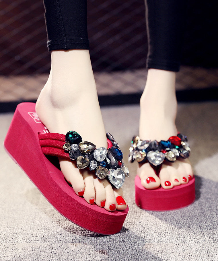 Fashion Black Cotton Fabric Flip Flops Splicing Zircon