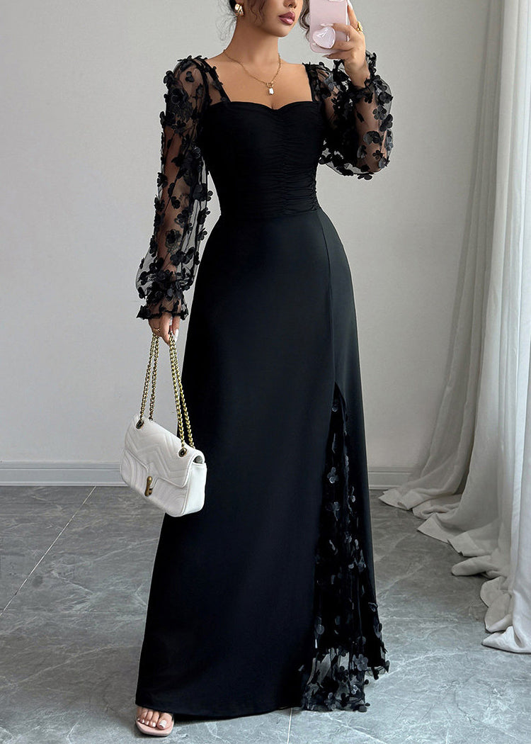 Fashion Black Floral Hollow Out Patchwork Tulle Long Dress Spring