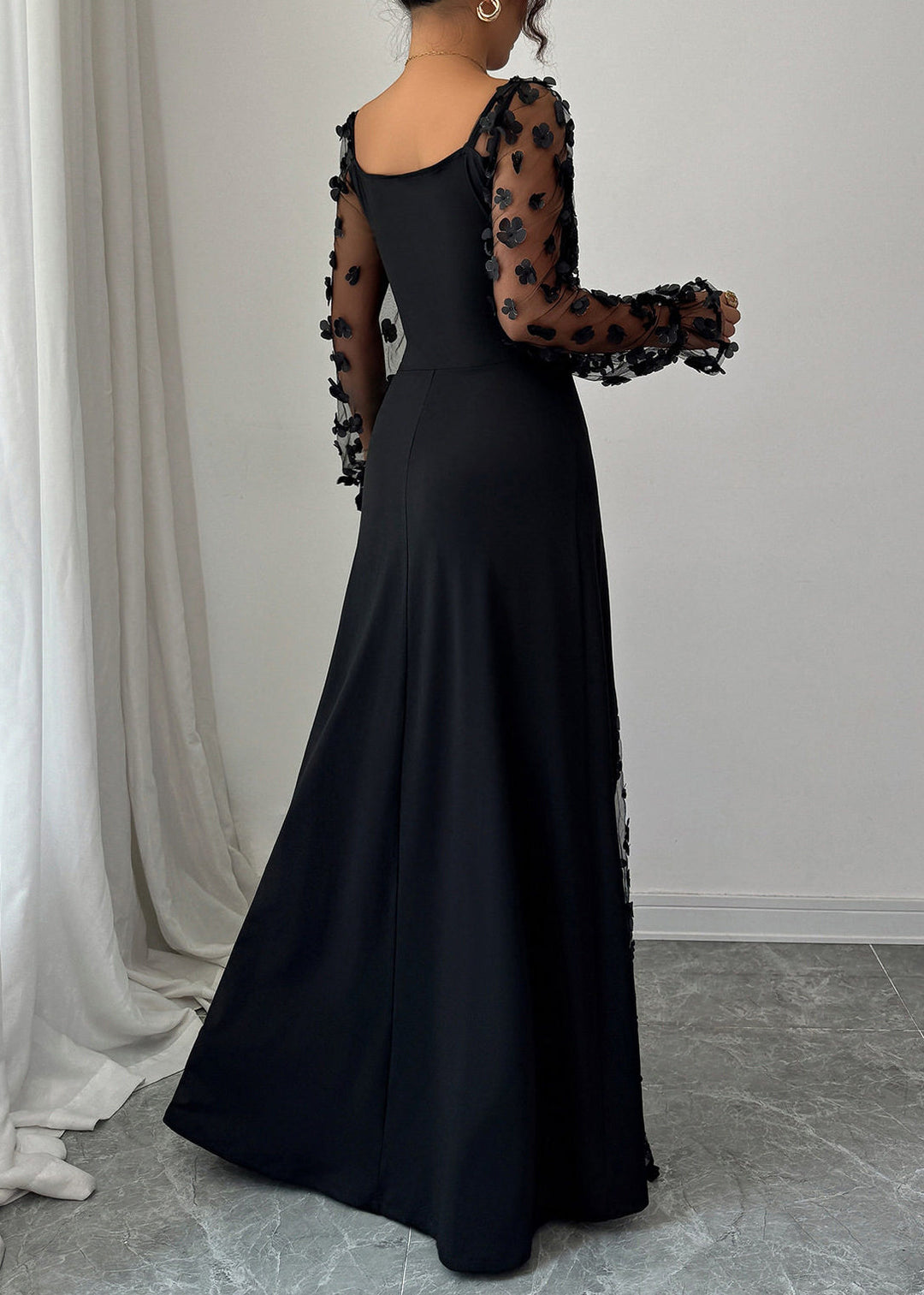 Fashion Black Floral Hollow Out Patchwork Tulle Long Dress Spring