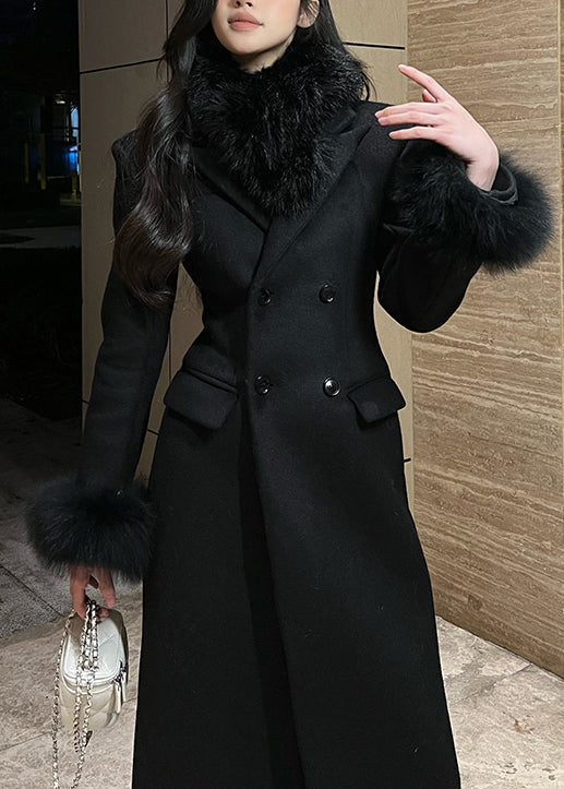 Fashion Black Fur Patchwork Woolen Fine Cotton Filled Coat Winter
