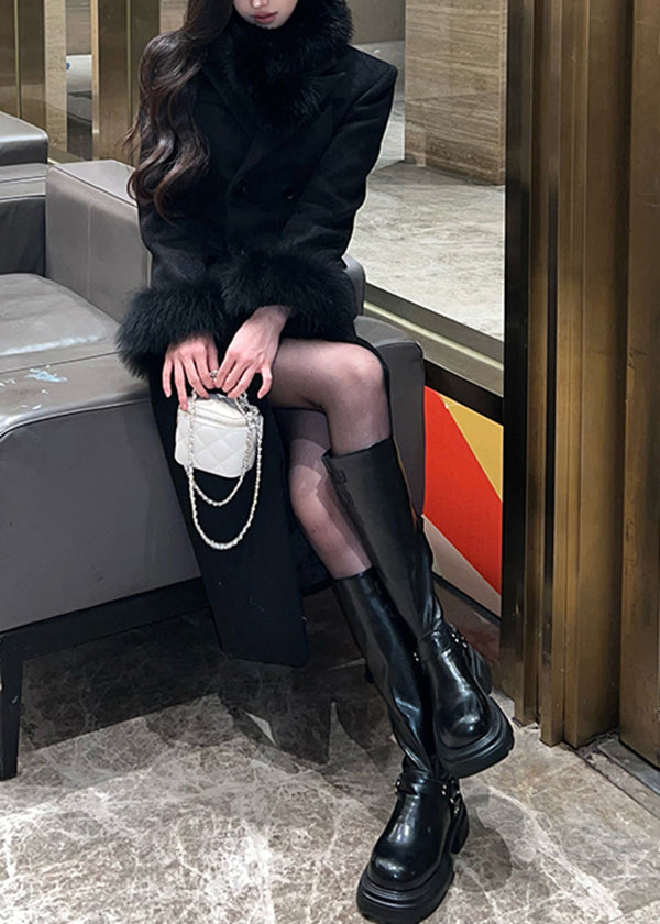 Fashion Black Fur Patchwork Woolen Fine Cotton Filled Coat Winter