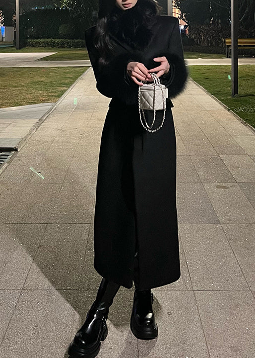 Fashion Black Fur Patchwork Woolen Fine Cotton Filled Coat Winter