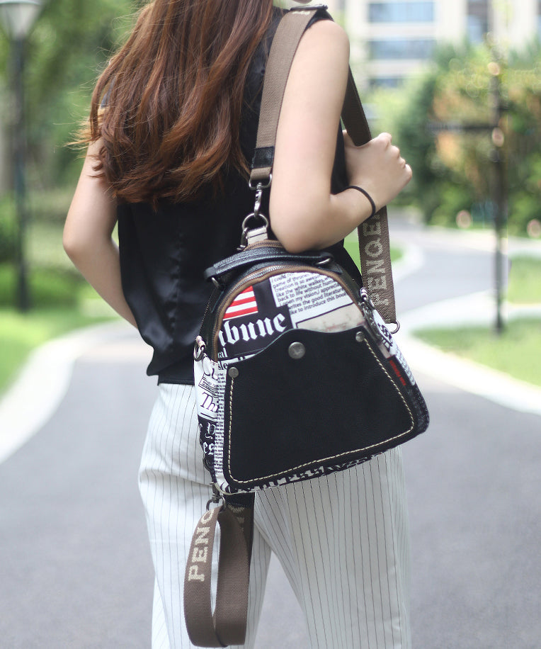 Fashion Black Graphic Cotton Patchwork Calf Leather Satchel Bag Handbag