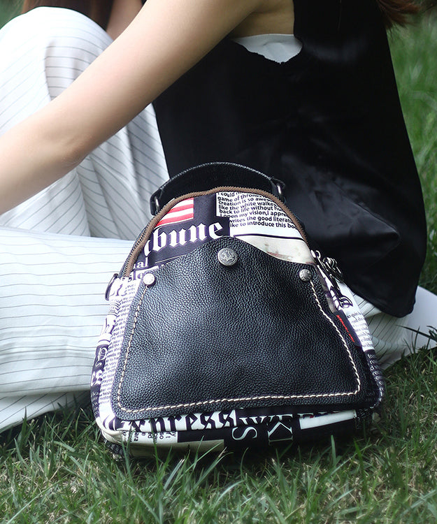 Fashion Black Graphic Cotton Patchwork Calf Leather Satchel Bag Handbag