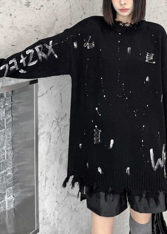 Fashion Black Graphic Hole Thick Cotton Knit Sweater Fall