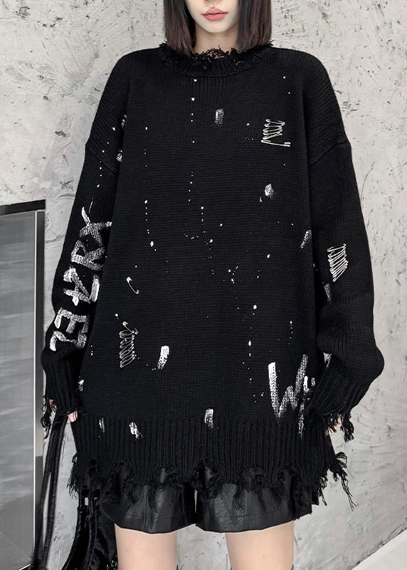 Fashion Black Graphic Hole Thick Cotton Knit Sweater Fall