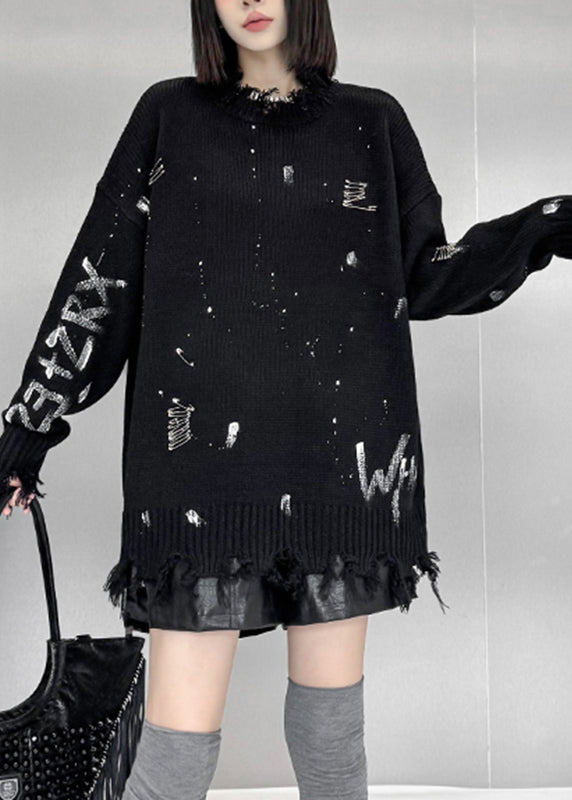 Fashion Black Graphic Hole Thick Cotton Knit Sweater Fall