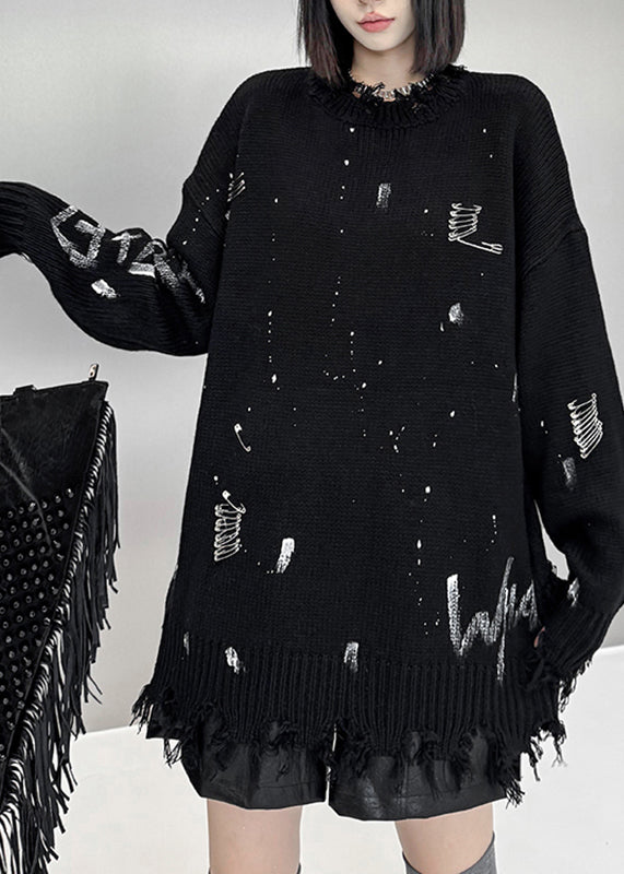 Fashion Black Graphic Hole Thick Cotton Knit Sweater Fall