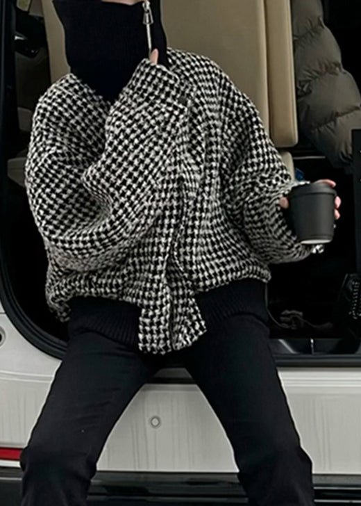 Fashion Black High Neck Zip Up Plaid Woolen Jacket Winter