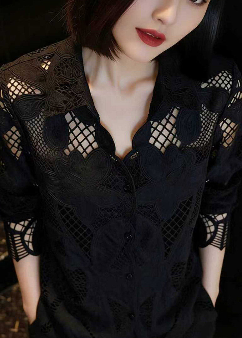 Fashion Black Hollow Out Lace Shirt Long Sleeve