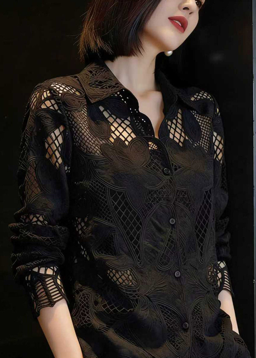 Fashion Black Hollow Out Lace Shirt Long Sleeve