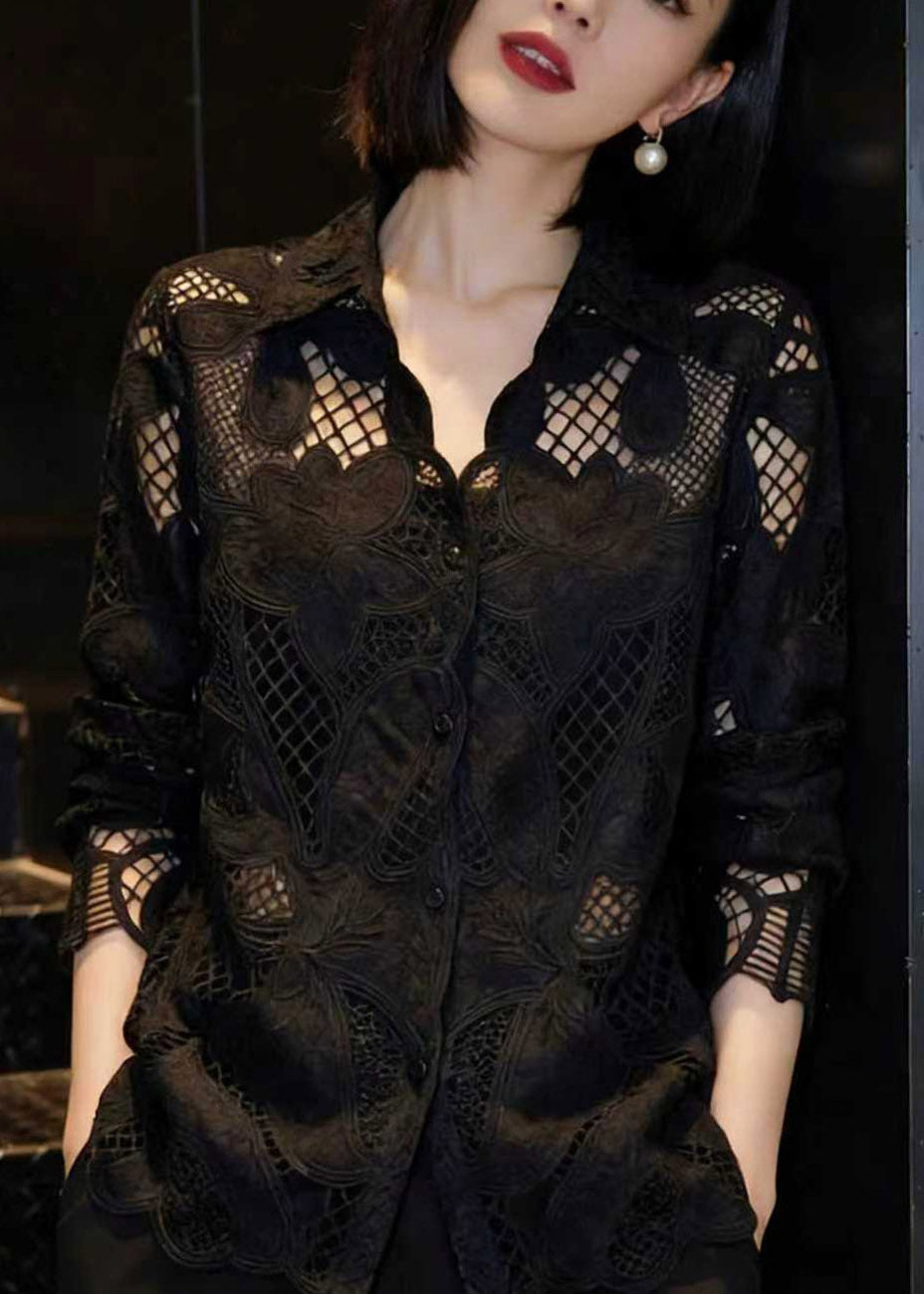 Fashion Black Hollow Out Lace Shirt Long Sleeve