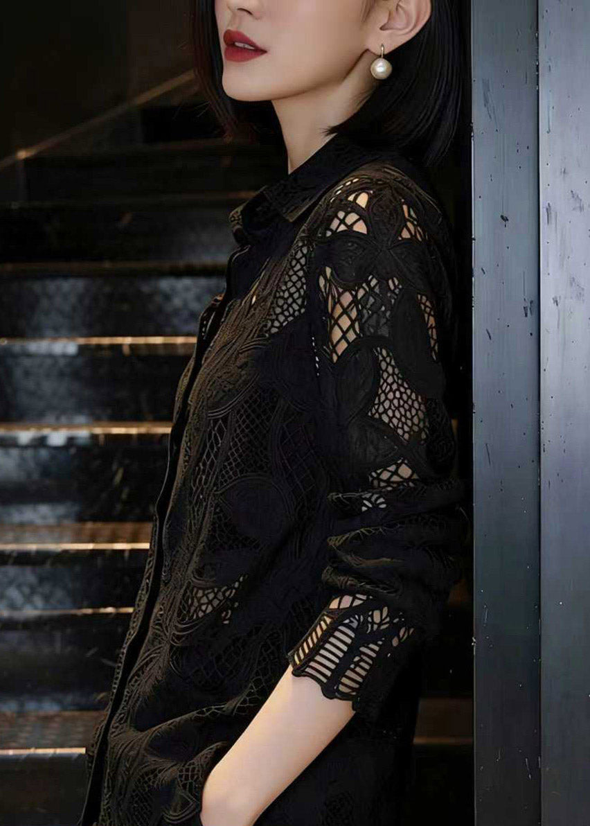 Fashion Black Hollow Out Lace Shirt Long Sleeve