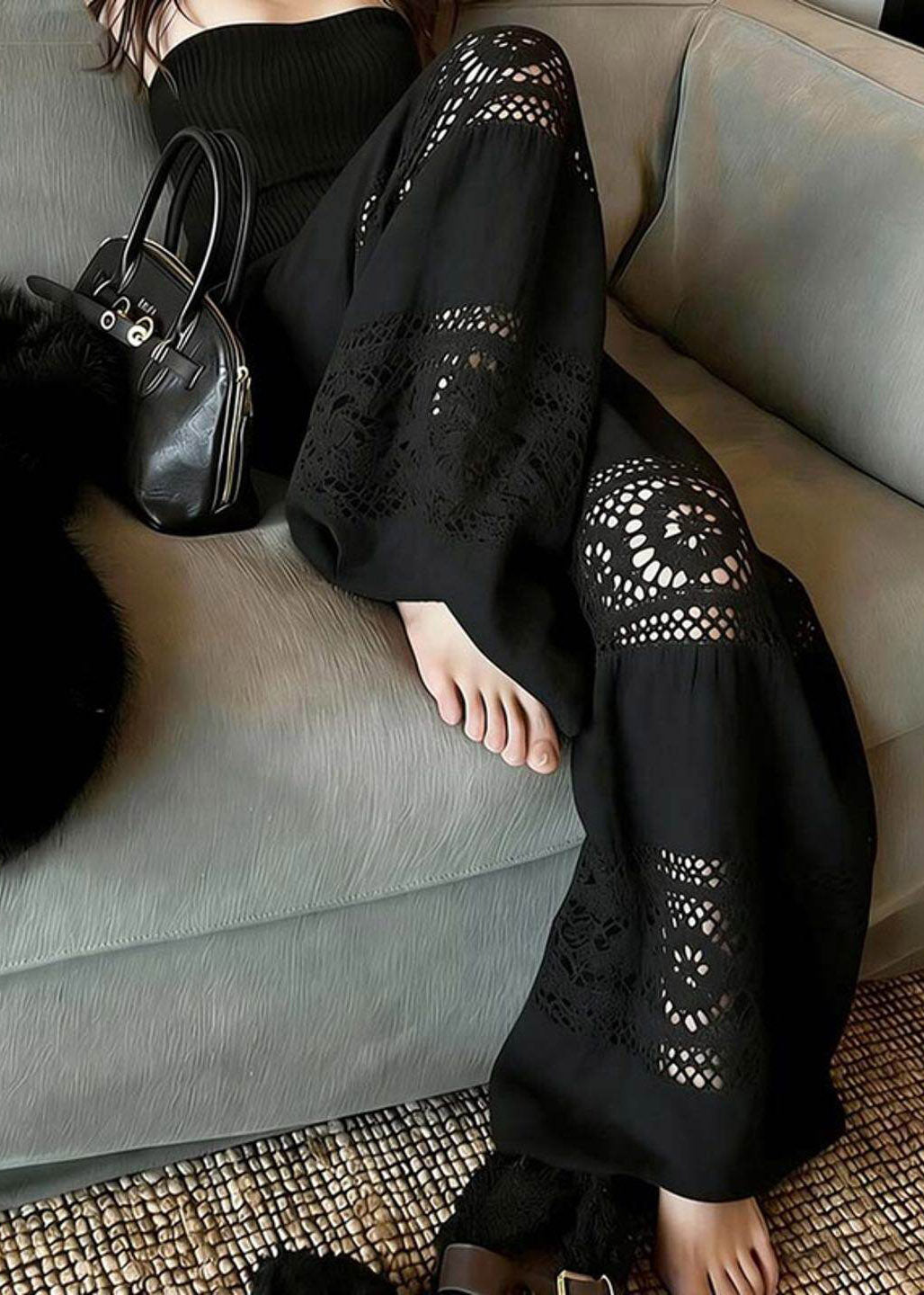 Fashion Black Hollow Out Wide Leg Pants Summer