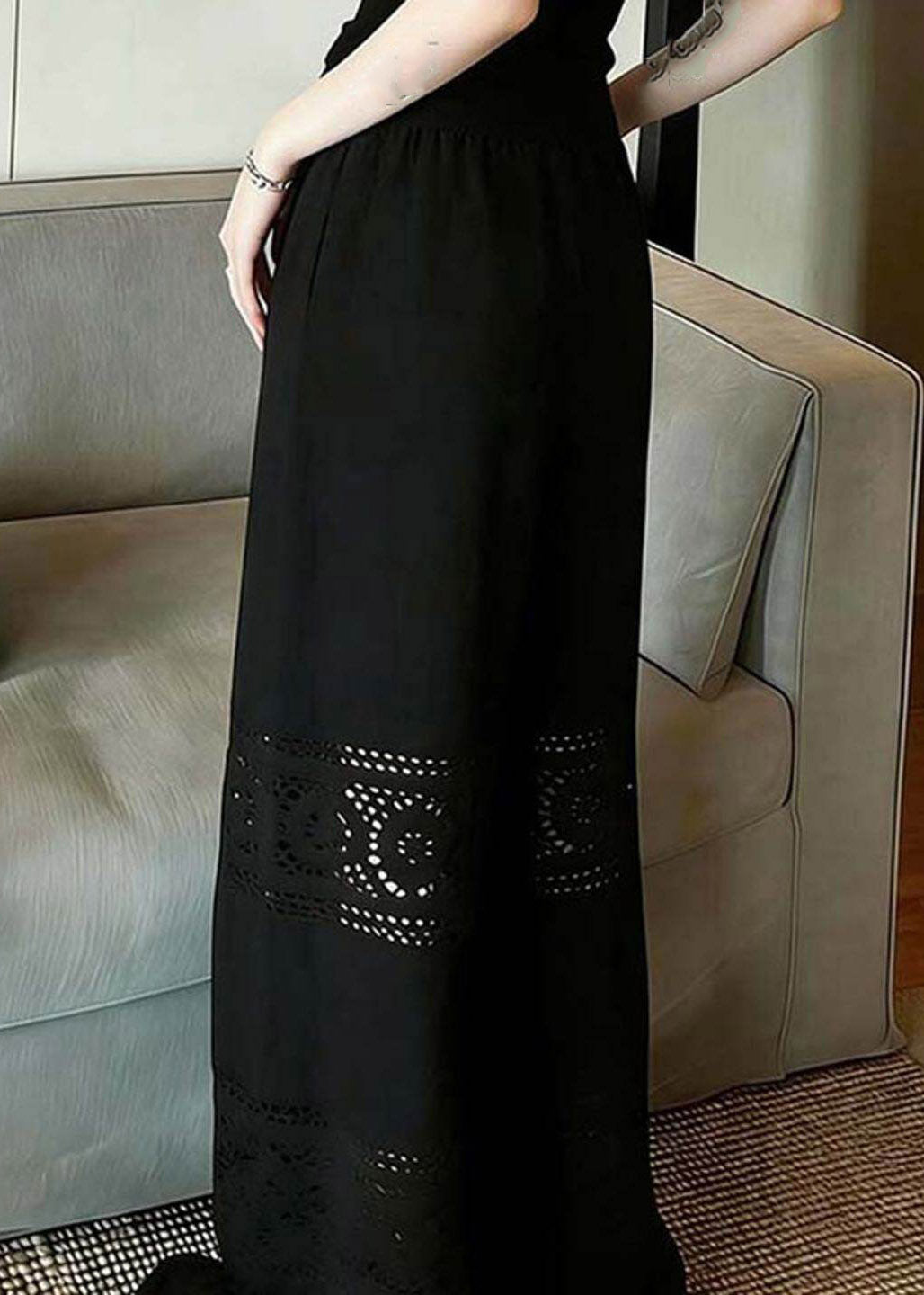Fashion Black Hollow Out Wide Leg Pants Summer