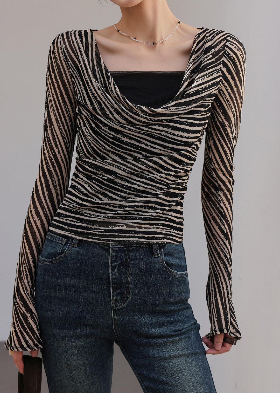 Fashion Black Khaki Striped Draped Neckline Top Spring