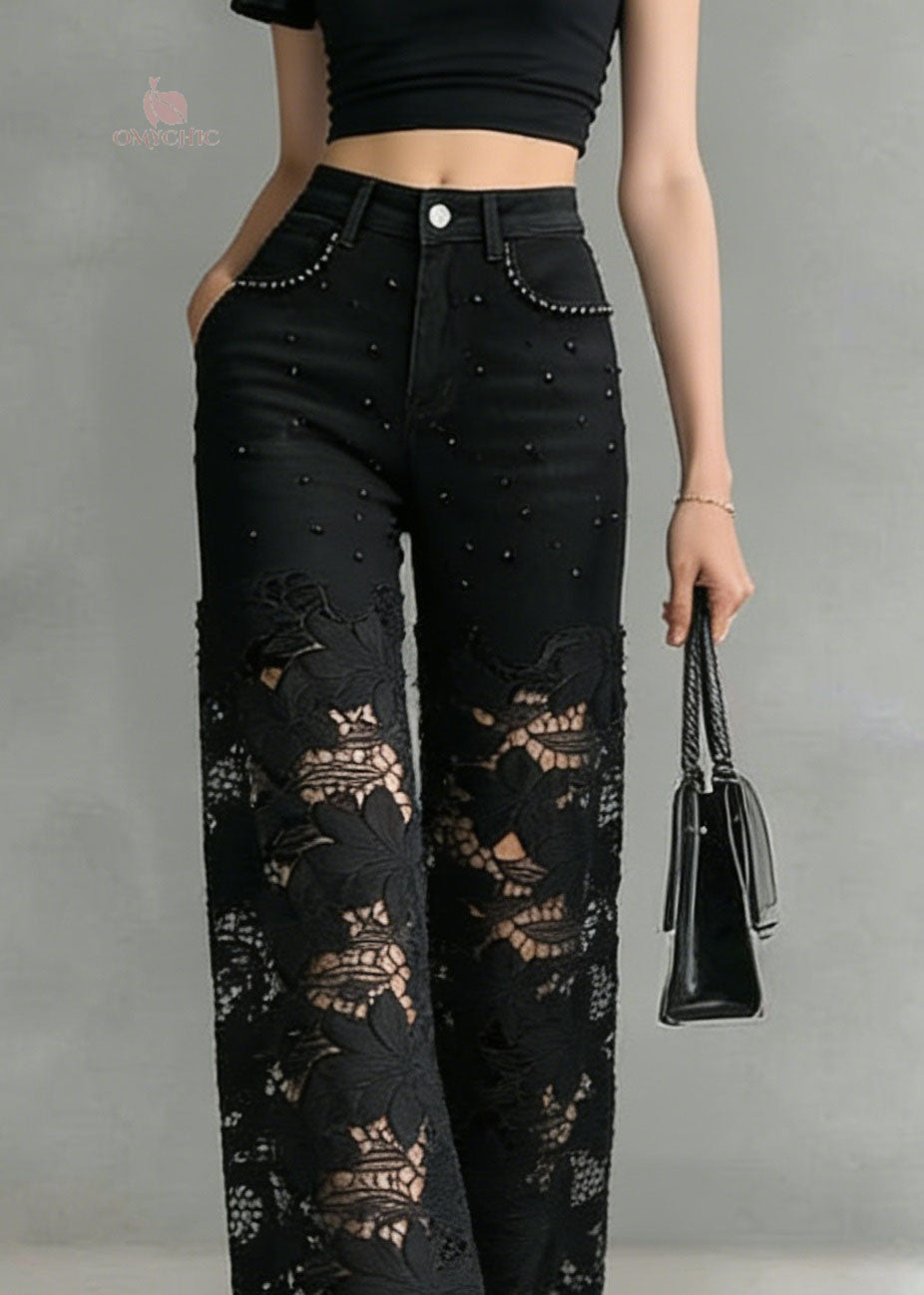 Fashion Black Lace Hollow Out Nail Bead Denim Pants Summer
