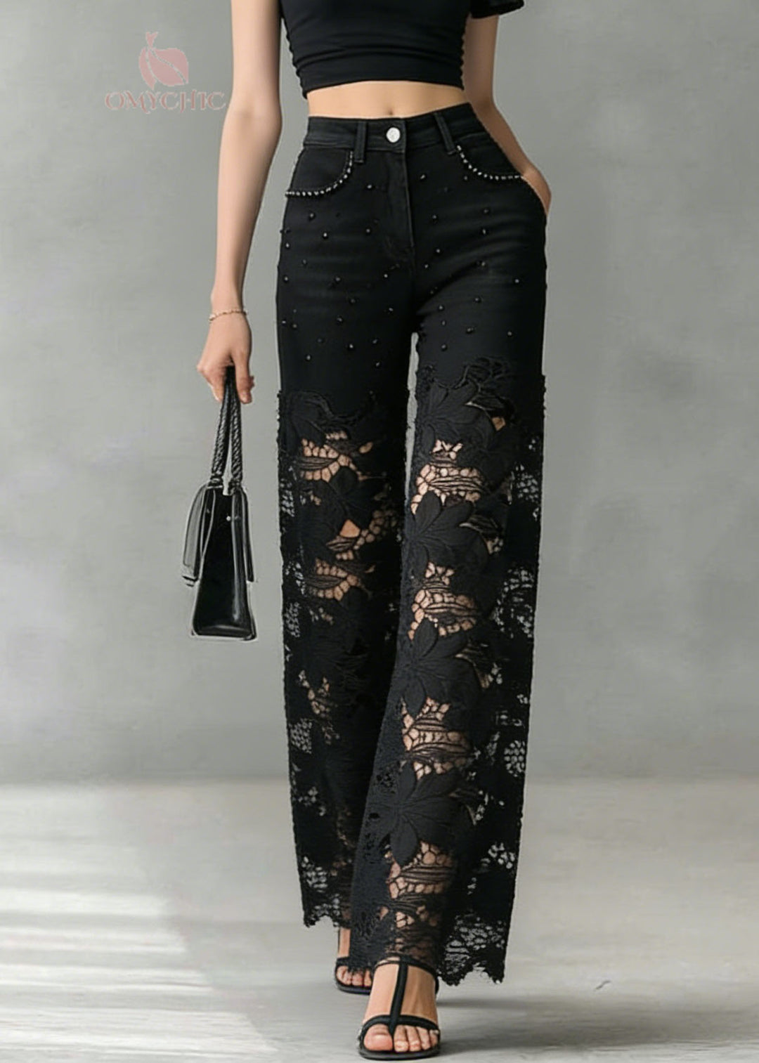 Fashion Black Lace Hollow Out Nail Bead Denim Pants Summer