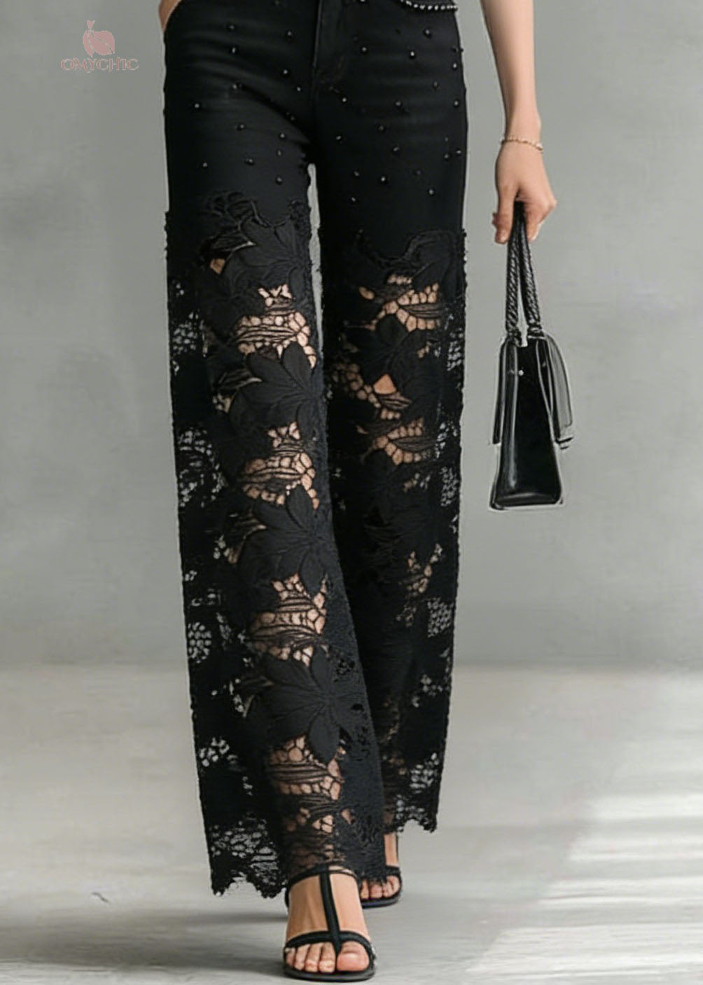 Fashion Black Lace Hollow Out Nail Bead Denim Pants Summer