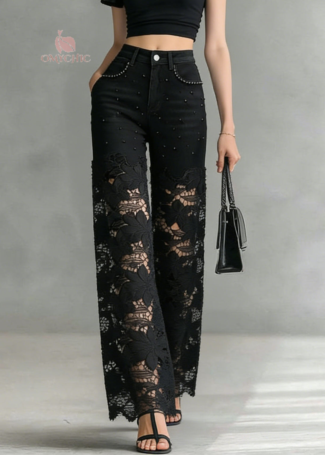 Fashion Black Lace Hollow Out Nail Bead Denim Pants Summer