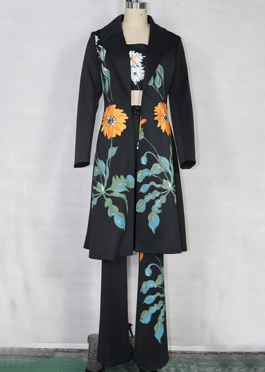 Fashion Black Notched Print Coats ,Tube Top And Pants Three Pieces Set Spring