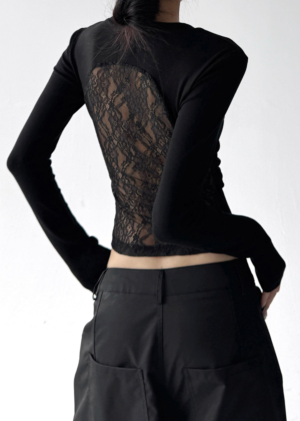 Fashion Black O Neck Lace Patchwork Cotton T Shirts Fall