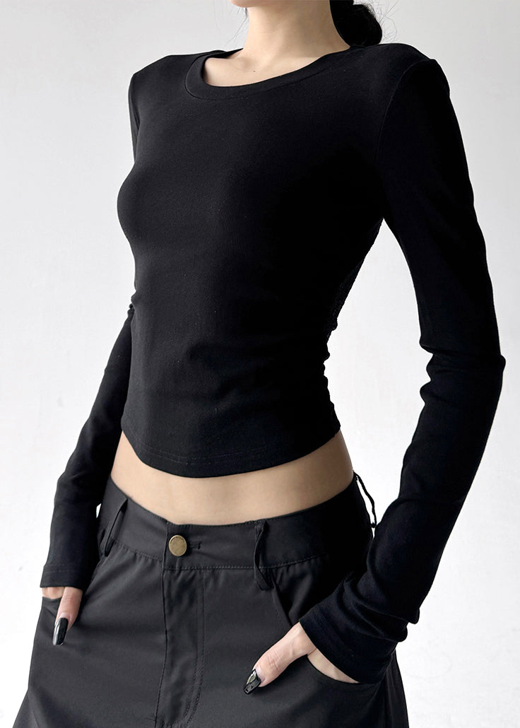Fashion Black O Neck Lace Patchwork Cotton T Shirts Fall