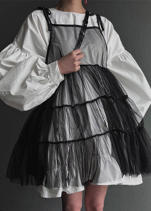 Fashion Black O-Neck Mid Spaghetti Strap And Shirts Dress Tulle Two Pieces Set Lantern Sleeve