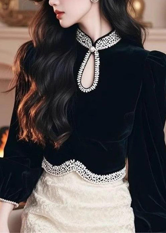Fashion Black O-Neck Patchwork Silk Velour Top Lantern Sleeve