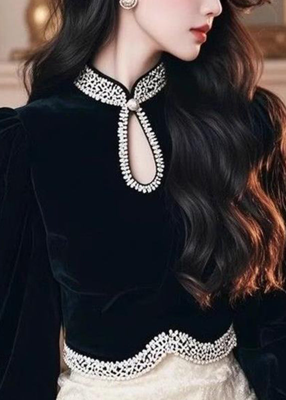 Fashion Black O-Neck Patchwork Silk Velour Top Lantern Sleeve
