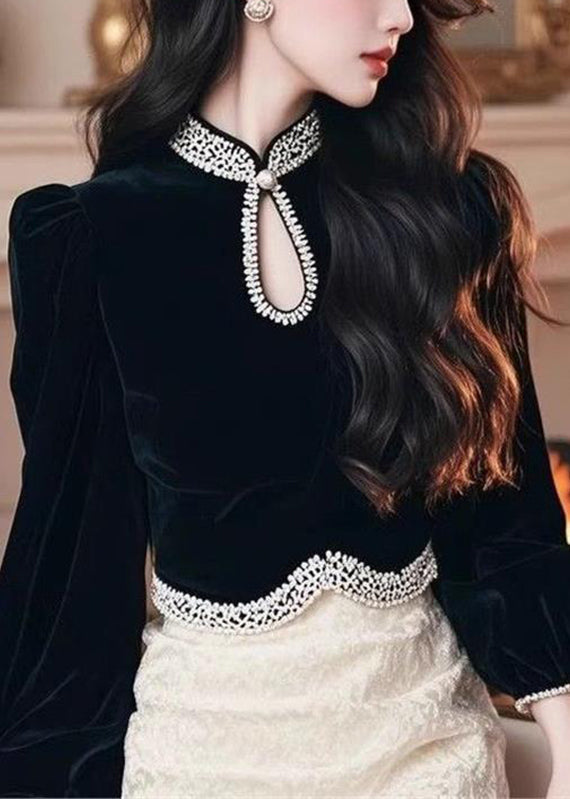 Fashion Black O-Neck Patchwork Silk Velour Top Lantern Sleeve