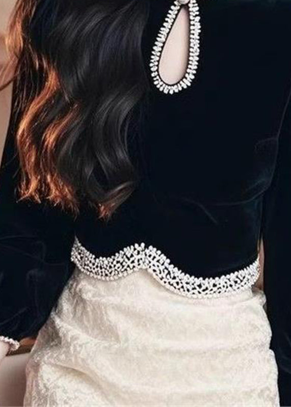 Fashion Black O-Neck Patchwork Silk Velour Top Lantern Sleeve