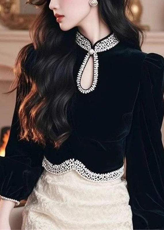 Fashion Black O-Neck Patchwork Silk Velour Top Lantern Sleeve